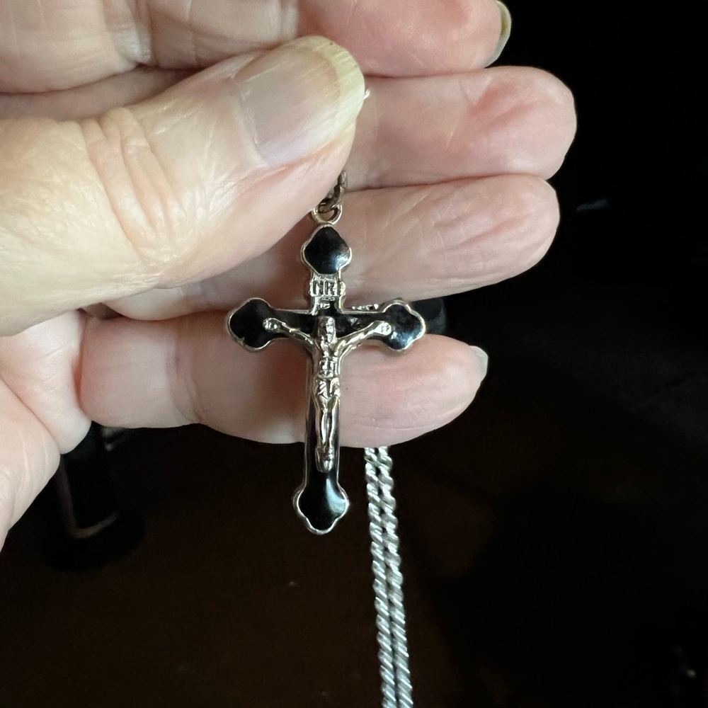 Vintage Silver Black Crucifix Pendant Necklace